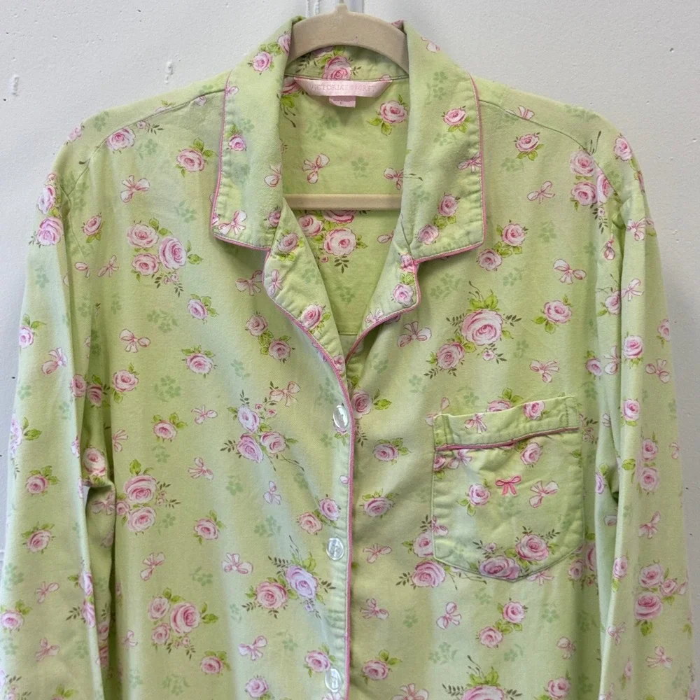 Y2K Victoria's Secret Pajama Top Large Green Pink‎ Rose Floral Cotton Button Up